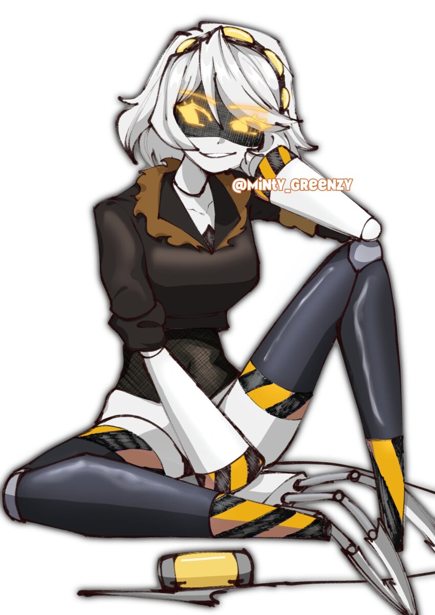 1girl, android, armband, black_hairband, black_jacket, grey_hair, hairband, highres, humanoid_robot, jacket, looking_at_viewer, mechanical_arms, minty_greenzy, murder_drones, robot, short_hair, short_sleeves, smile, v_(murder_drones), white_hair, yellow_eyes