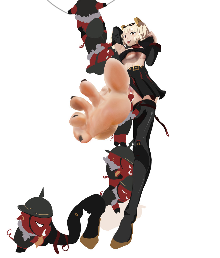 1girl, absurdres, barefoot, black_nails, blonde_hair, breasts, burnice_white, feet, foot_focus, highres, light_blush, long_hair, looking_at_viewer, paintcaramel, red_eyes, saliva, saliva_trail, shoes, soles, toenail_polisn, toes, tongue, tongue_out, twintails, underboob, unworn_shoes, zenless_zone_zero