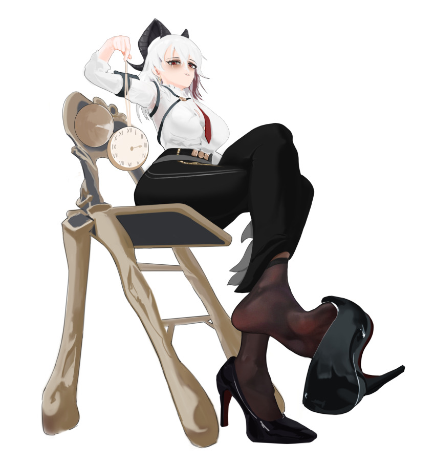 1girl, absurdres, blush, chair, crossed_legs, feet, highres, horns, long_hair, looking_at_viewer, paintcaramel, parted_lips, pocket_watch, red_eyes, see-through_clothes, see-through_legwear, shoe_dangle, sitting, socks, soles, toes, watch, white_hair, wuthering_waves, zani_(wuthering_waves)