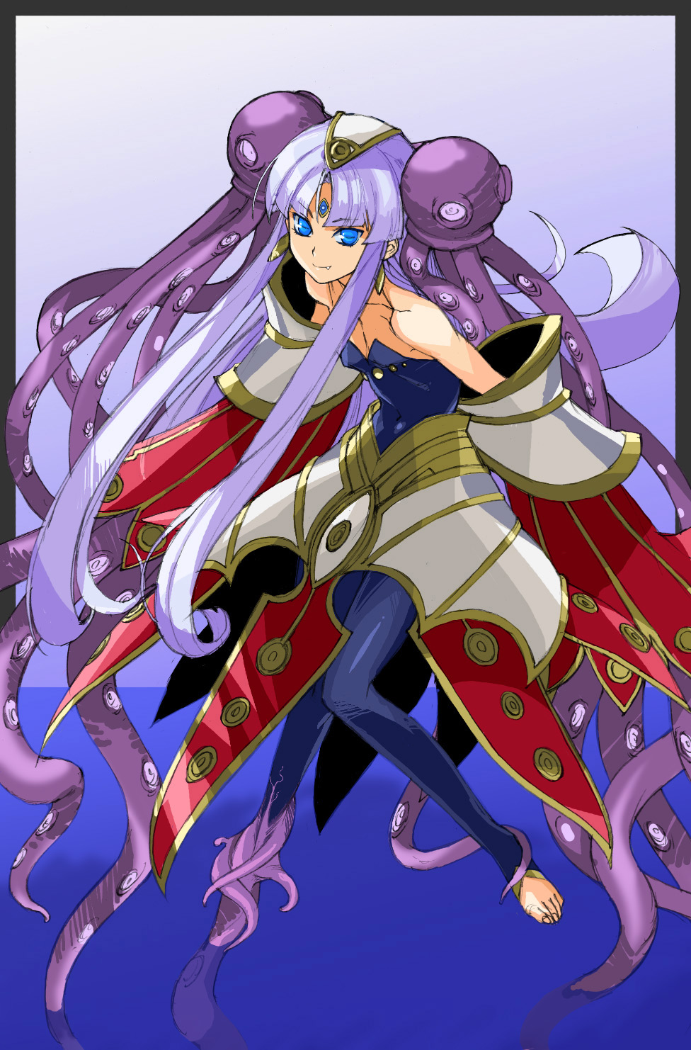 1girl, bare_shoulders, barefoot, blue_eyes, blue_hair, culdcept, endaness, fang, female_focus, flat_chest, gradient_background, highres, hime_cut, matching_hair/eyes, skin_tight, slit_pupils, solo, tentacles, tetsu_(kimuchi), toeless_legwear