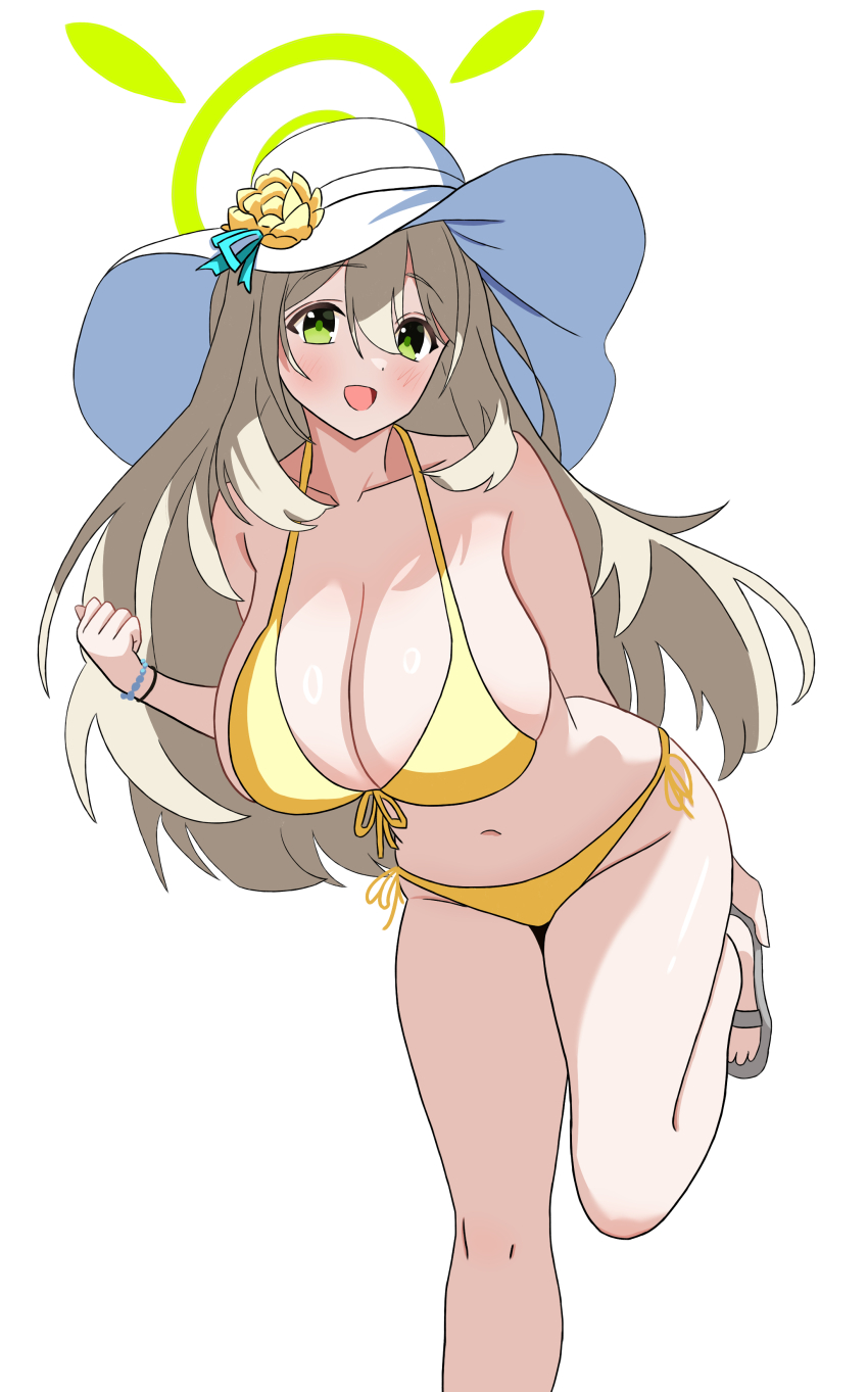 1girl, absurdres, arm_behind_back, bare_shoulders, bikini, blonde_hair, blue_archive, bracelet