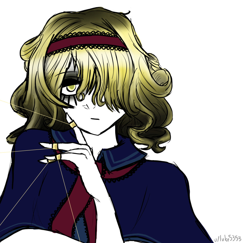 1girl, alice_margatroid, bags_under_eyes, blonde_hair, bored, collared_cape, colored_skin, depressed