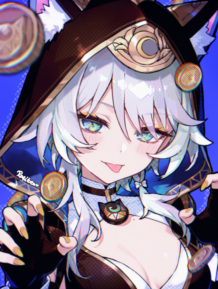 1girl, animal_ear_fluff, animal_ears, animal_hood, artist_name, black_gloves, blue_background, blue_eyes