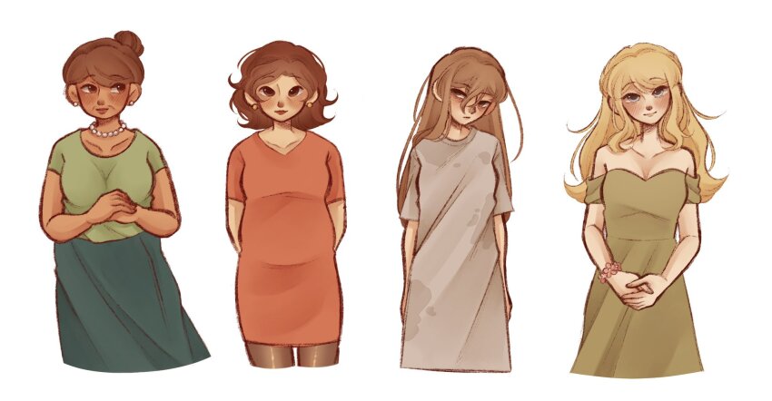 4girls, arms_at_sides, arms_behind_back, aubrey's_mother_(omori), bags_under_eyes, bare_shoulders, basil's_mother_(omori), blonde_hair, bracelet, breasts, brown_eyes, brown_hair, brown_pantyhose, cleavage, closed_mouth, collarbone, commentary, cropped_legs, dark-skinned_female, dark_skin, double-parted_bangs, dress, english_commentary, flipped_hair, flower_bracelet, ginakusgf, green_shirt, green_skirt, grey_dress, grey_eyes, hair_between_eyes, hair_bun, highres, jewelry, kel's_mother_(omori), lips, looking_at_viewer, medium_breasts, multiple_girls, off-shoulder_dress, off_shoulder, omori, own_hands_together, pantyhose, plump, red_dress, red_lips, shirt, short_hair, short_sleeves, sidelocks, sideways_glance, simple_background, single_hair_bun, skirt, small_breasts, smile, stained_clothes, straight_hair, sunny's_mother_(omori), swept_bangs, white_background