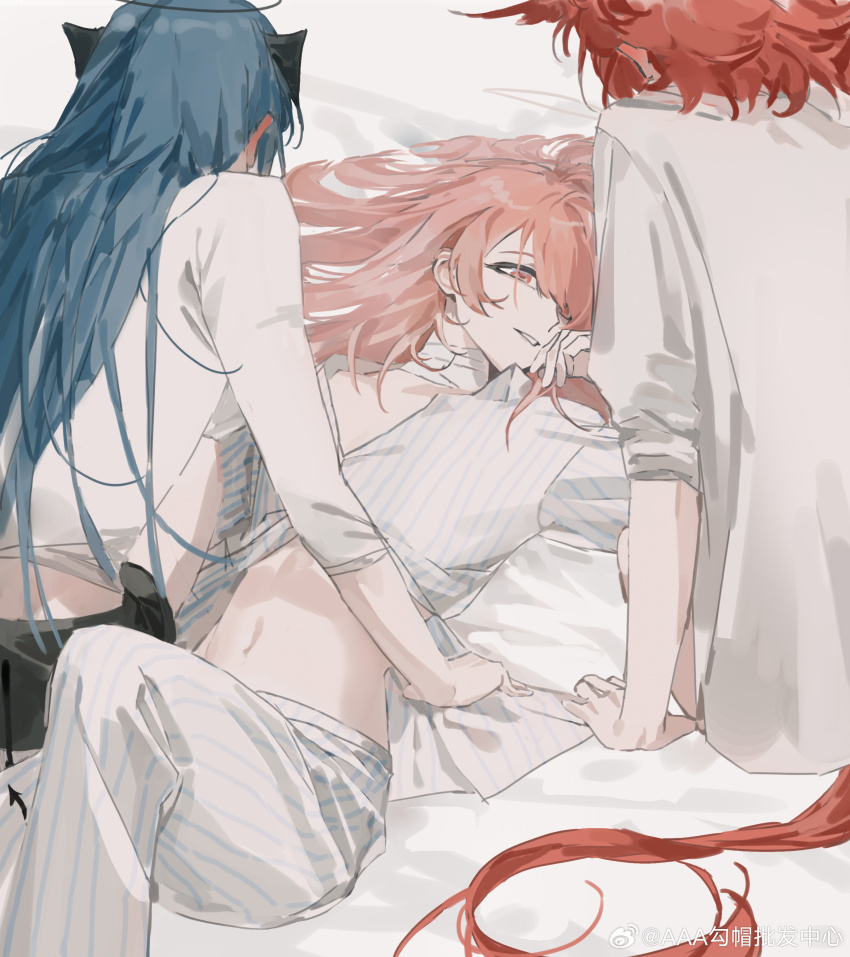 3girls, absurdres, arknights, bandaged_neck, bandages, bed_sheet, bird_girl, bird_tail
