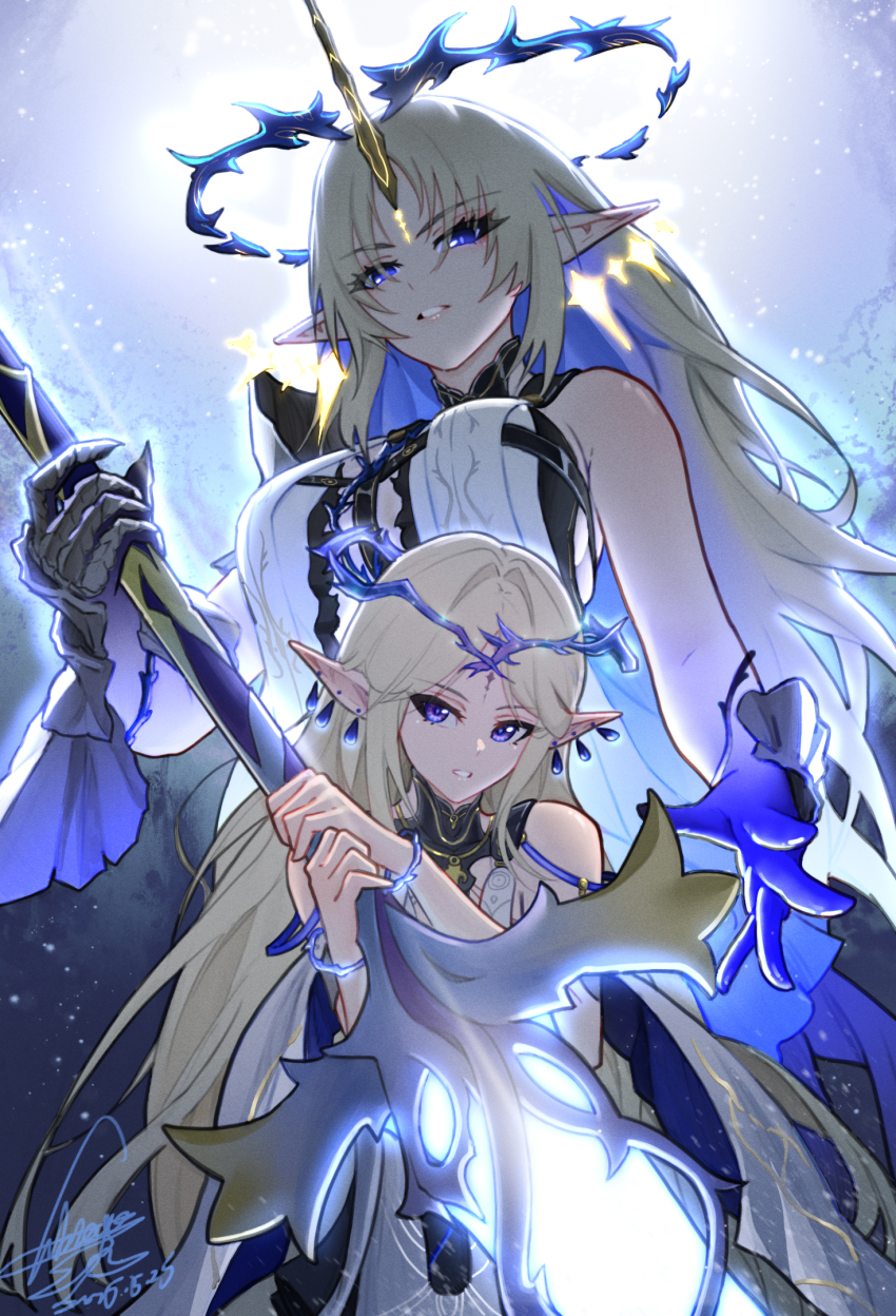 2girls, bare_shoulders, blonde_hair, blue_eyes, blue_hair, breasts, cartethyia_(wuthering_waves), commentary