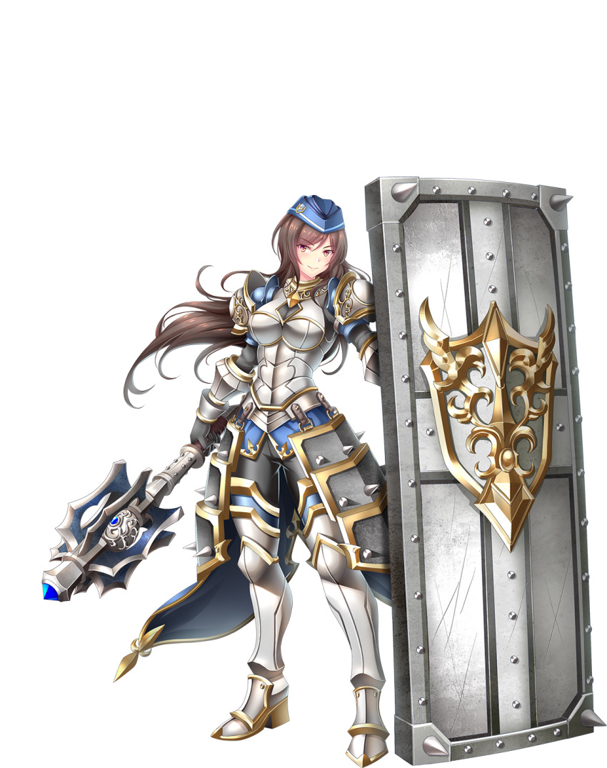1girl, armor, artist_request, bad_source, black_gloves, breasts, brown_hair, filine_(sennen_sensou_aigis), full_body, game_cg, gloves, high_heels, highres, holding, holding_mace, holding_shield, holding_weapon, huge_weapon, light_smile, mace, official_art, pink_hair, sennen_sensou_aigis, shield, solo, spiked_shield, spikes, third-party_source, transparent_background, weapon