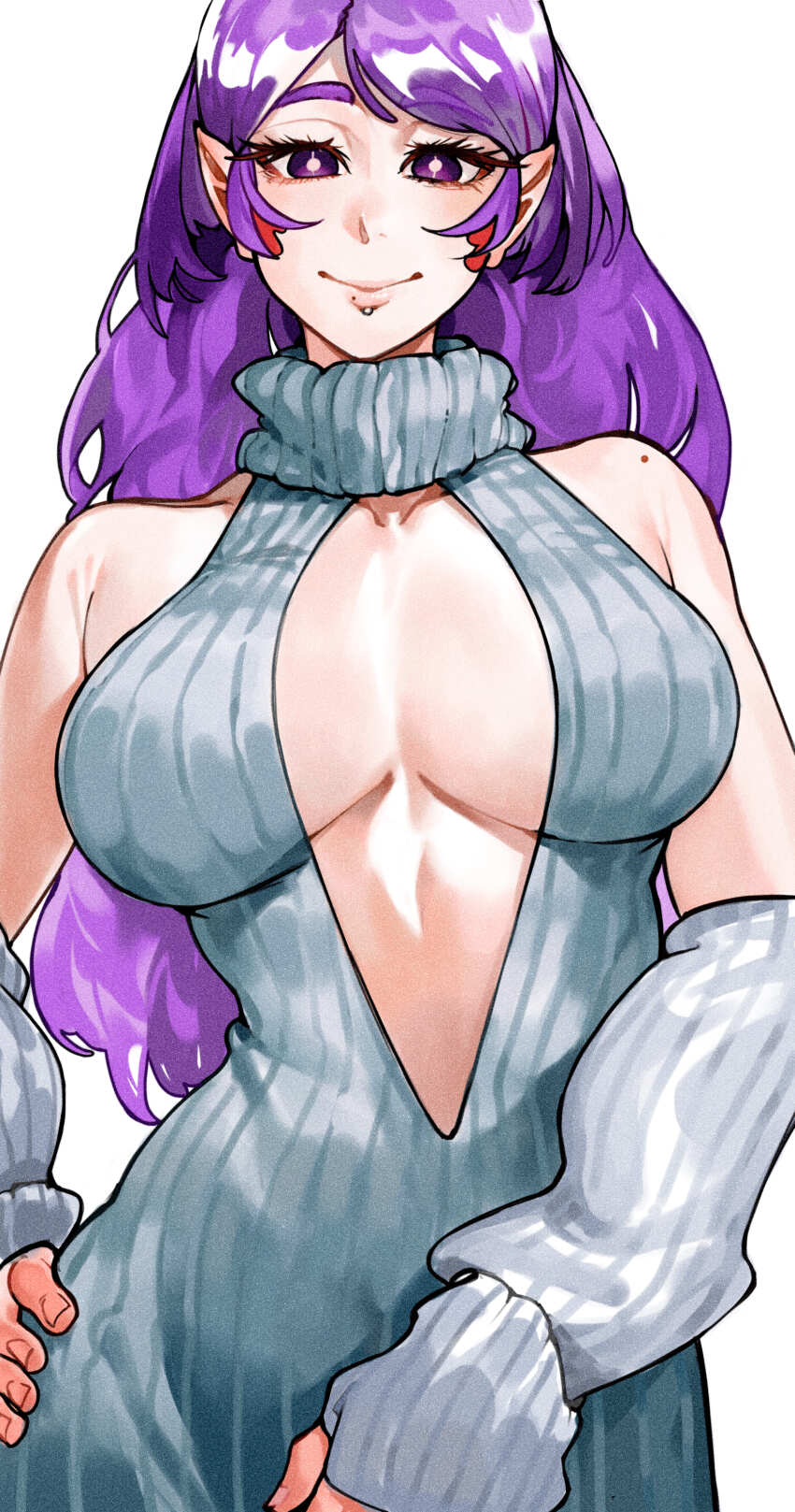 1girl, absurdres, bare_shoulders, breasts, bright_pupils, center_opening, closed_mouth, clothing_cutout, collarbone, detached_sleeves, dress, face_piercing, grey_sleeves, grey_sweater, highres, kamisato_sora, labret_piercing, large_breasts, long_hair, looking_at_viewer, mole, mole_on_lips, mole_on_shoulder, multiple_moles, original, parted_bangs, piercing, pointy_ears, purple_eyes, purple_hair, ribbed_sleeves, ribbed_sweater, simple_background, sleeveless, sleeveless_turtleneck, smile, solo, sweater, turtleneck, turtleneck_sweater, white_background