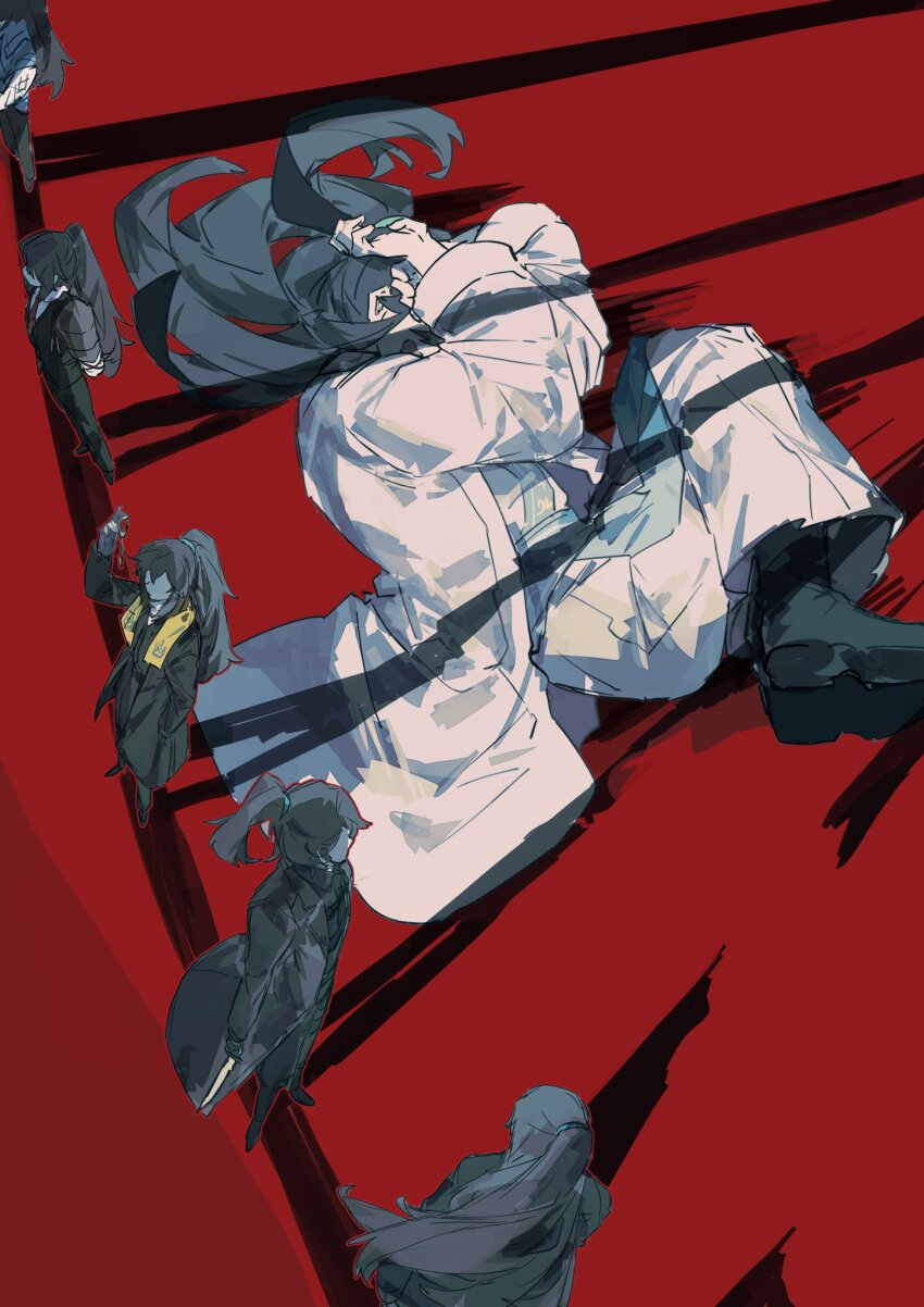 6+boys, aqua_sash, arm_tattoo, arms_behind_back, black_boots, black_coat, black_hair, black_necktie