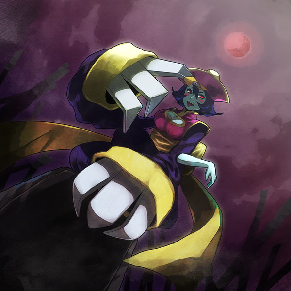 1girl, blue_hair, blue_skin, breasts, capcom, chinese_clothes, claws, cleavage, cleavage_cutout, clothing_cutout, colored_skin, darkstalkers, female_focus, flipped_hair, hat, hsien-ko, jiangshi, kuniomi, large_breasts, moon, ofuda, qingdai_guanmao, red_eyes, short_hair, solo, tongue