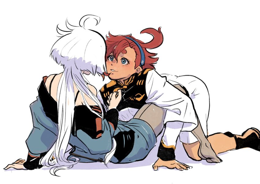 2girls, ahoge, all_fours, asticassia_school_uniform, black_boots, blue_eyes, blush, boots, bra_strap, dark-skinned_female, dark_skin, gundam, gundam_suisei_no_majo, headband, highres, long_hair, miorine_rembran, multiple_girls, off_shoulder, pantyhose, pulling_another's_clothes, red_hair, school_uniform, suletta_mercury, sunspicepie, thick_eyebrows, white_hair, yuri