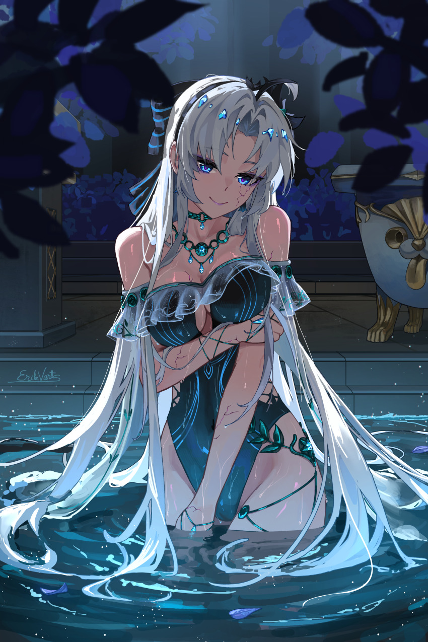 1girl, absurdres, ahoge, arm_under_breasts, bare_shoulders, black_bow, black_one-piece_swimsuit, blue_eyes