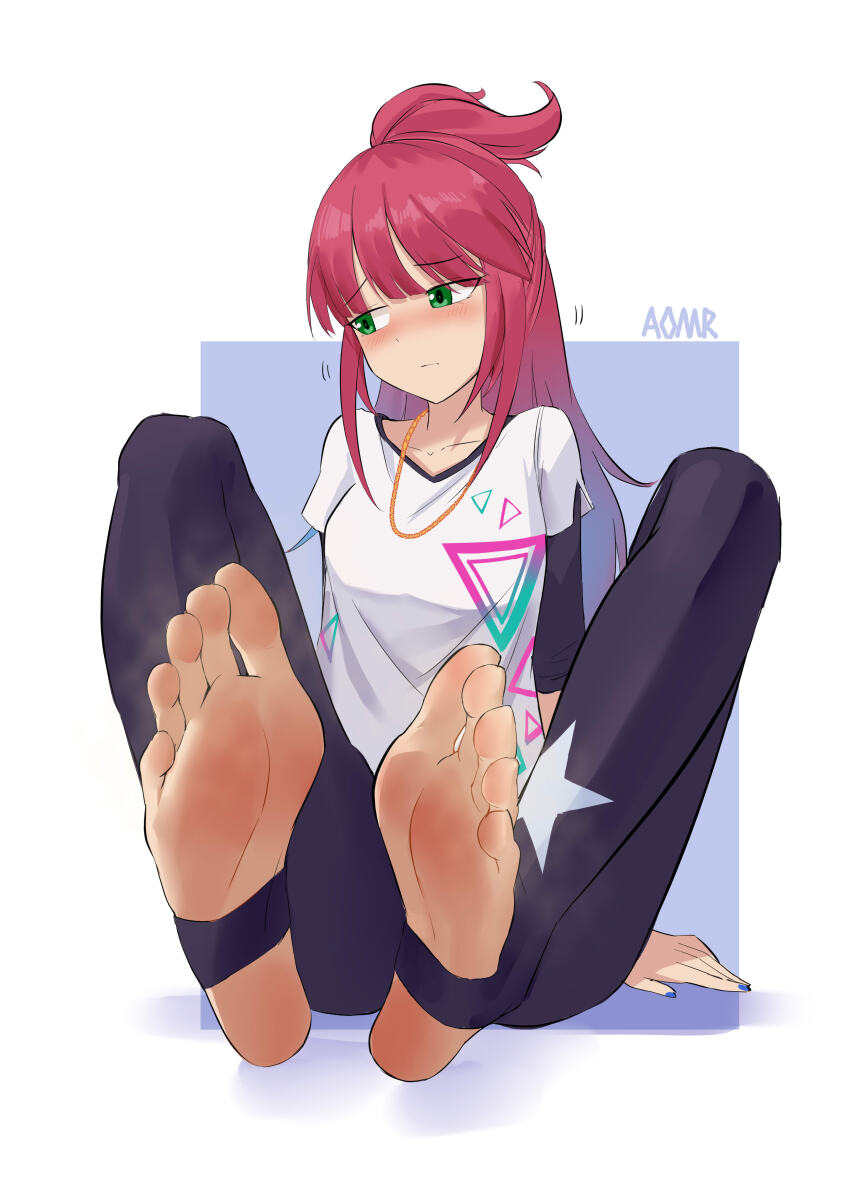 1girl, absurdres, alice_gear_aegis, aomoro, barefoot, blush, feet, fujino_yayoi, green_eyes, highres, long_hair, looking_to_the_side, red_hair, smell, soles, steam, stirrup_legwear, toeless_legwear, toes