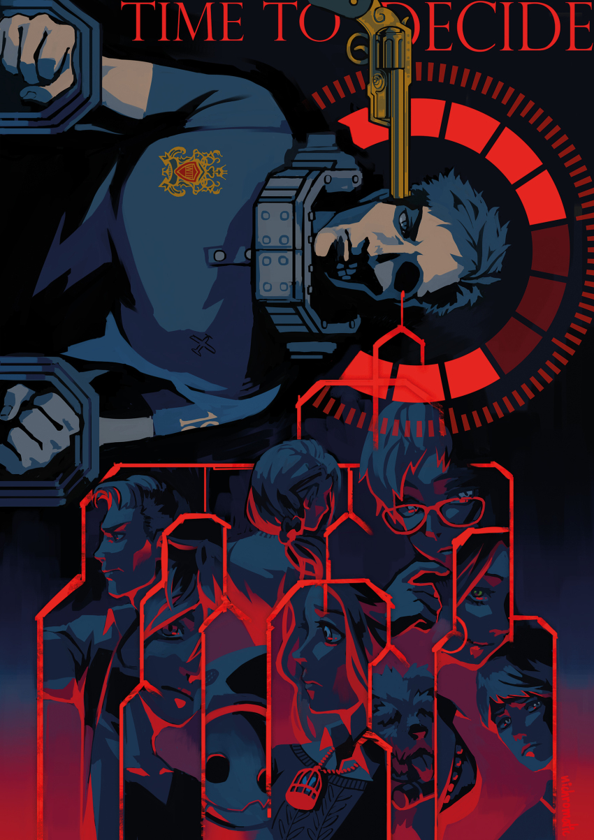 4girls, 5boys, absurdres, blood, carlos_(kyokugen_dasshutsu), closed_mouth, diana_(kyokugen_dasshutsu), dog, earrings, english_text, eric_(kyokugen_dasshutsu), eyelashes, from_behind, from_side, gab_(kyokugen_dasshutsu), glasses, gun, gun_to_head, handgun, highres, hoop_earrings, jewelry, junpei_(kyokugen_dasshutsu), kurashiki_akane, kyokugen_dasshutsu, latin_commentary, limited_palette, long_hair, mira_(kyokugen_dasshutsu), multiple_boys, multiple_girls, necklace, nichromatic, phi_(kyokugen_dasshutsu), ponytail, q_(kyokugen_dasshutsu), restrained, revolver, shirt, short_hair, short_sleeves, sigma_(kyokugen_dasshutsu), skull, tongue, tongue_out, weapon, zero_escape:_toki_no_dilemma