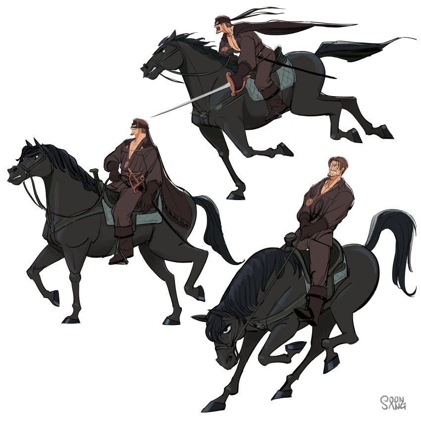 1boy, absurdres, black_horse, boots, brown_hair, commentary, english_commentary, eye_mask