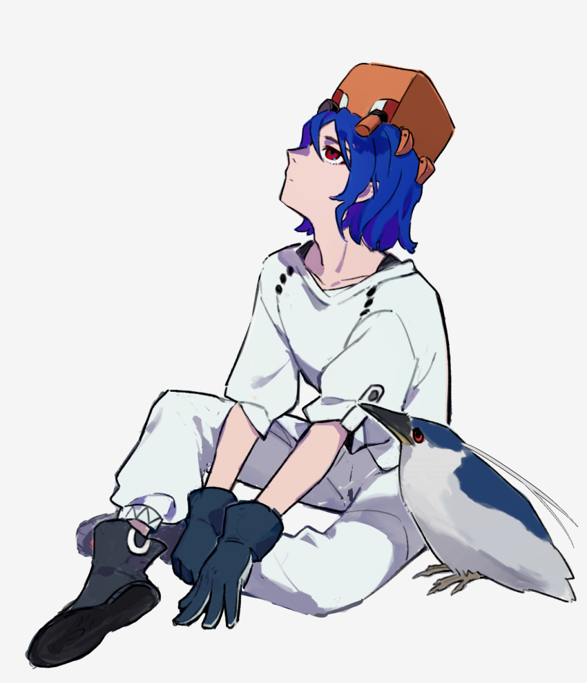 1boy, bird, blue_hair, chenchenchen598, chinese_commentary, commentary_request, conch_(gundam), full_body