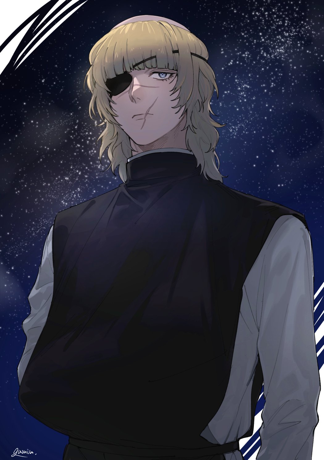 1boy, badeni, black_robe, blonde_hair, blue_eyes, blunt_bangs, chi.:_chikyuu_no_undou_ni_tsuite, closed_mouth