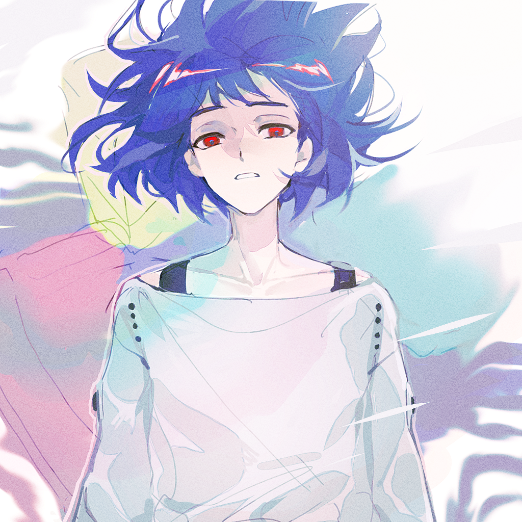 1boy, blue_hair, commentary, fish2063, floating_hair, gundam, gundam_gquuuuuux, looking_at_viewer