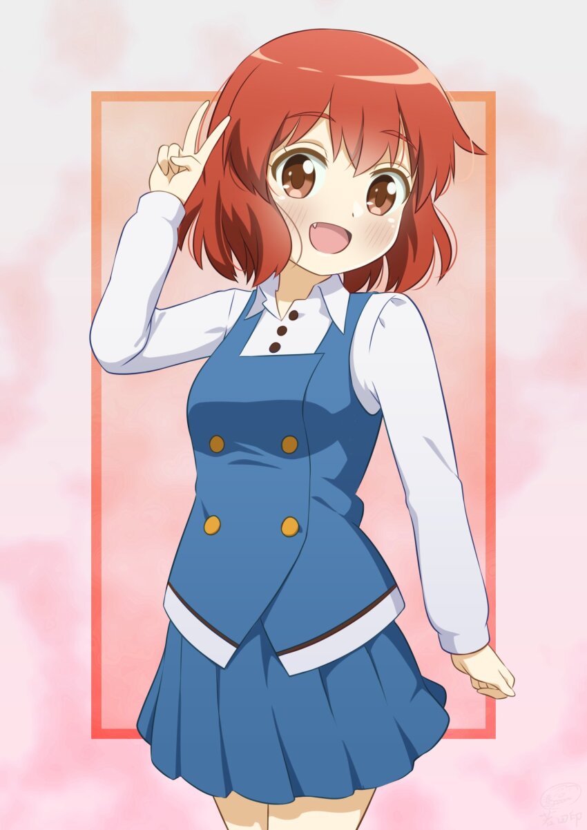 1girl, blue_skirt, blush, dot_nose, fang, feet_out_of_frame, female_focus, hair_between_eyes