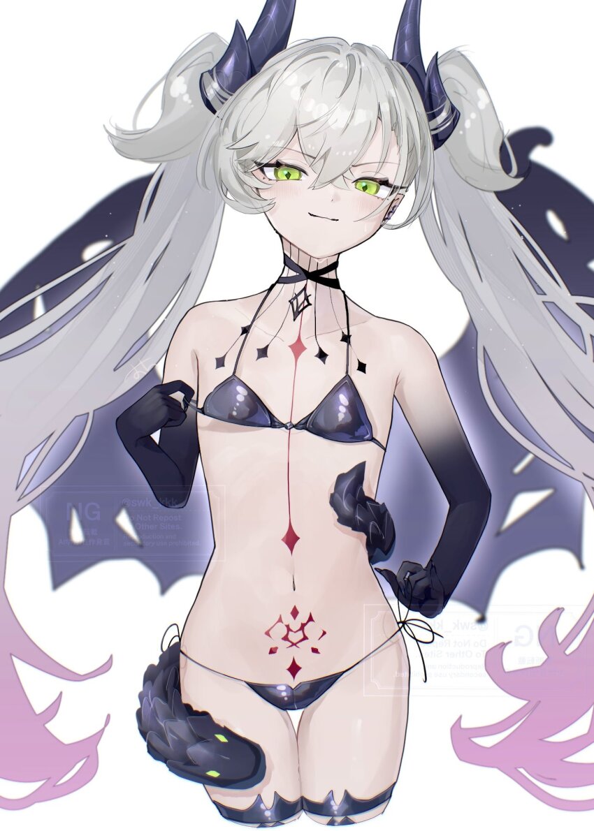 1girl, aged_down, bikini, black_bikini, black_hands, body_markings, colored_extremities, demon_girl, demon_horns, demon_wings, fate/grand_order, fate_(series), green_eyes, grey_hair, hair_around_horn, highres, horns, lilith_(fate), loli, long_hair, looking_at_viewer, navel, pointy_ears, smile, solo, stomach_tattoo, suwa_(swk_kkk), swimsuit, tattoo, tattoo_between_breasts, twintails, wings