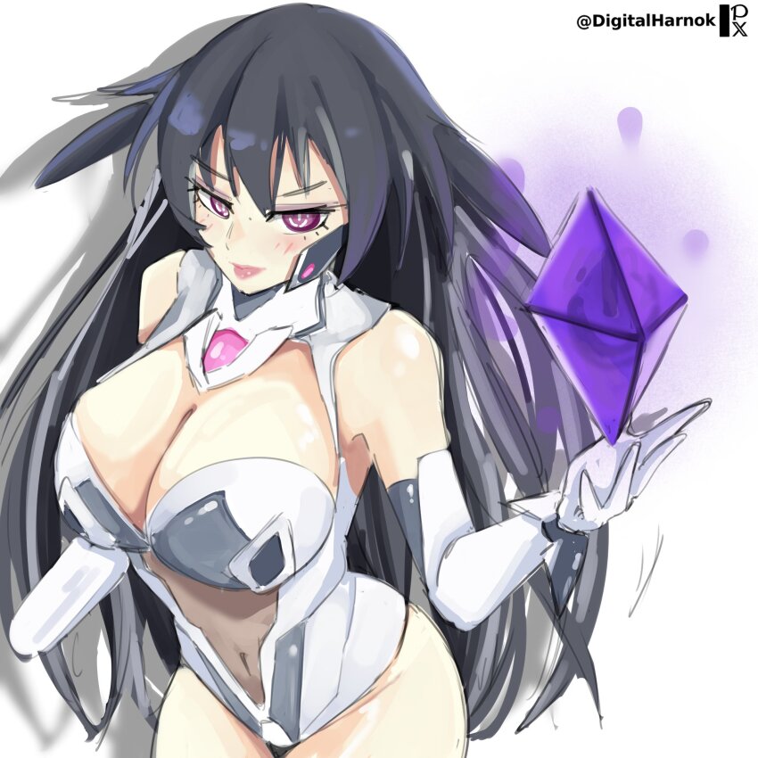 1girl, artist_name, black_hair, breasts, cleavage, covered_navel, curvy, digitalharnok