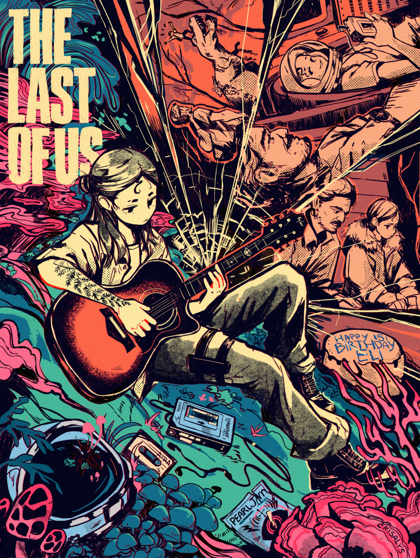 1boy, 1girl, absurdres, arm_tattoo, backpack, bag, birthday_cake, black_boots