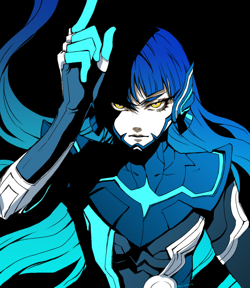 1boy, arm_up, armor, black_background, blue_bodysuit, blue_hair, bodysuit, colored_skin