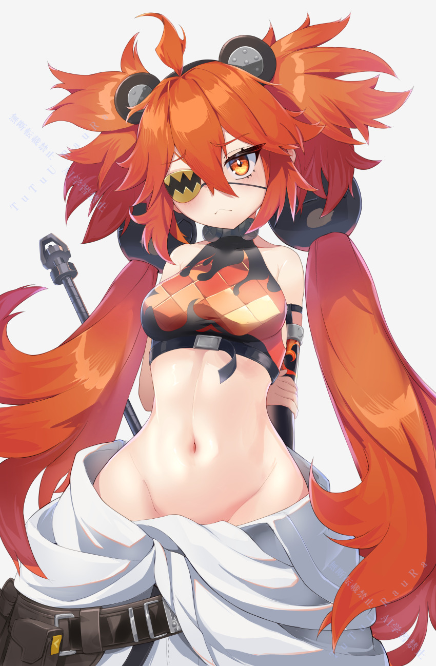 1girl, absurdres, ahoge, animal_ear_hairband, animal_ears, baggy_pants, bear_ear_hairband, bear_ears, belt, black_sports_bra, blush, breasts, collar, detached_sleeves, eyepatch, fake_animal_ears, flame_print, hair_ornament, hairband, hammer, highres, koleda_belobog, loli, long_hair, looking_at_viewer, metal_collar, navel, orange_eyes, pants, red_hair, sidelocks, small_breasts, solo, sphere_hair_ornament, sports_bra, tutuuraura88, twintails, white_pants, zenless_zone_zero