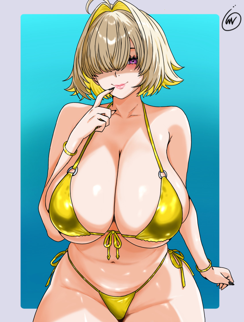 1girl, ahoge, armpit_crease, bikini, black_nails, blonde_hair, border, bracelet, breasts, cleavage, closed_mouth, collarbone, commentary, curvy, elegg_(nikke), goddess_of_victory:_nikke, gold_bikini, gold_bracelet, hair_intakes, hair_over_one_eye, hand_up, highres, huge_breasts, jewelry, lips, looking_at_viewer, navel, plump, purple_eyes, short_hair, side-tie_bikini_bottom, signature, sitting, solo, stomach, swimsuit, waifuviolenta, white_border, wide_hips