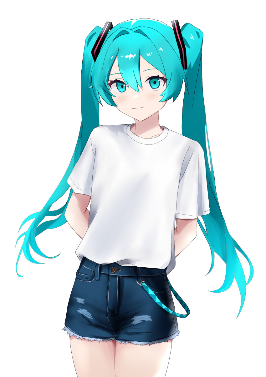 1girl, absurdres, alternate_costume, aqua_eyes, aqua_hair, arms_behind_back, commentary_request, cowboy_shot