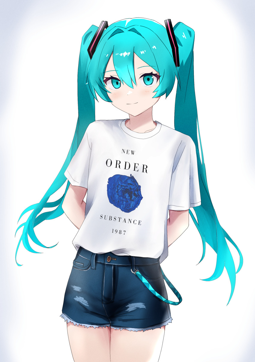 1girl, absurdres, alternate_costume, aqua_eyes, aqua_hair, arms_behind_back, band_shirt, clothes_writing, commentary_request, cowboy_shot, denim, denim_shorts, english_text, hair_between_eyes, hair_intakes, hatsune_miku, highland, highres, light_smile, long_hair, looking_at_viewer, merchandise, new_order_(band), shirt, shirt_tucked_in, short_shorts, shorts, simple_background, solo, t-shirt, twintails, vignetting, vocaloid, white_background, white_shirt