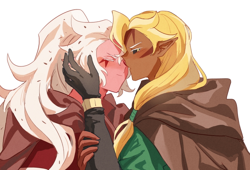 2others, absurdres, ananas_dragon_cookie, black_gloves, black_sclera, blonde_hair, blush, brown_cape