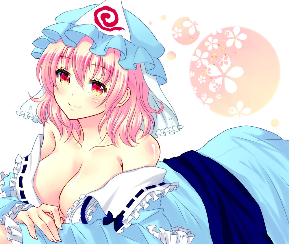 1girl, bad_id, bad_pixiv_id, bare_shoulders, blush, breasts, cleavage, collarbone, female_focus, hat, lying, moko_ko, off_shoulder, on_stomach, pink_eyes, pink_hair, saigyouji_yuyuko, short_hair, smile, solo, touhou, white_background
