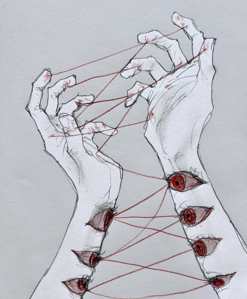 absurdres, bloodshot_eyes, body_horror, extra_eyes, fingernails, grey_background, greyscale, hand_focus