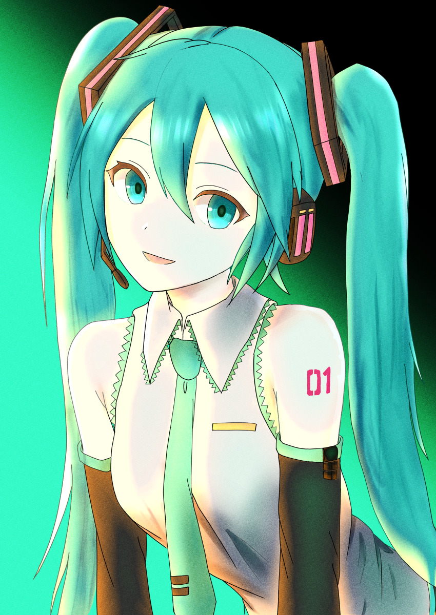 1girl, absurdres, aqua_background, aqua_eyes, aqua_hair, aqua_necktie, breasts, commentary_request