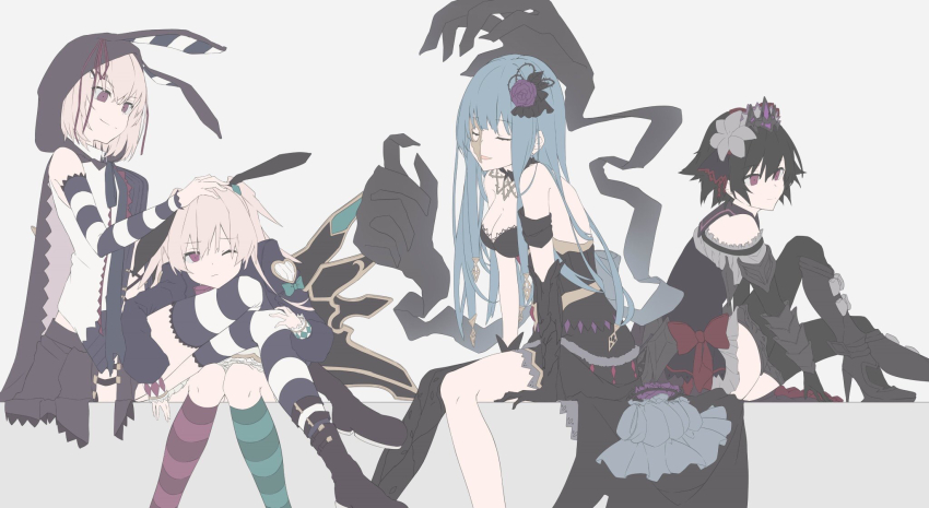 4girls, black_hair, black_thighhighs, blonde_hair, breasts, chaos_alice_(grimms_notes), chaos_cinderella_(grimms_notes), chaos_red_riding_hood_(grimms_notes)