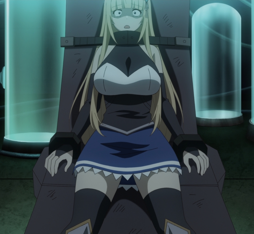 1girl, anime_screenshot, blonde_hair, breasts, chair, christiana_leta_roseblaire, constricted_pupils, detached_sleeves
