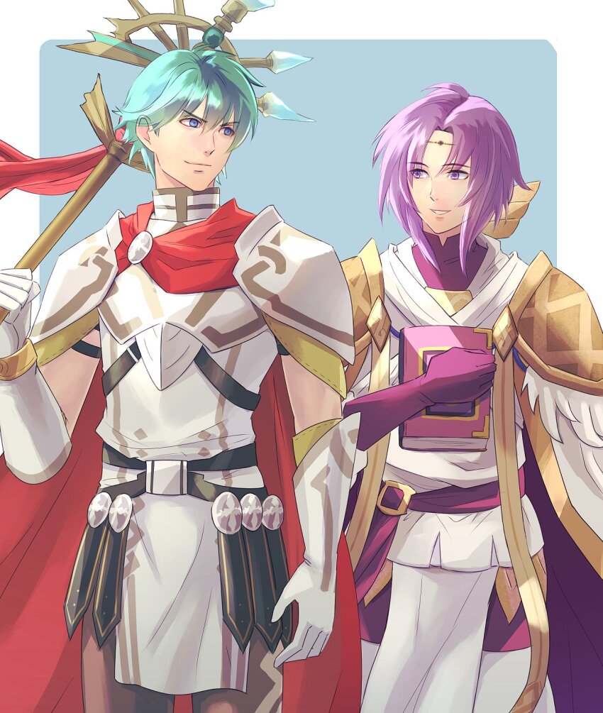 2boys, armor, belt, black_belt, blue_background, blue_eyes, book, border, breastplate, cape, chest_strap, circlet, cloak, closed_mouth, cowboy_shot, curtained_hair, ephraim_(fire_emblem), ephraim_(resplendent)_(fire_emblem), faulds, feather_trim, fire_emblem, fire_emblem:_the_sacred_stones, fire_emblem_heroes, gloves, gold_armor, gold_circlet, gold_trim, green_hair, hair_between_eyes, high_collar, highres, holding, holding_book, holding_polearm, holding_weapon, looking_at_another, lyon_(fire_emblem), lyon_(resplendent)_(fire_emblem), male_focus, medallion, multiple_boys, nintendo, open_mouth, outside_border, parted_bangs, parted_hair, pauldrons, polearm, purple_belt, purple_eyes, purple_gloves, purple_hair, red_cape, riou_(pooh920), robe, short_hair, shoulder_armor, siegmund_(lance), smile, tunic, v-shaped_eyebrows, weapon, white_armor, white_border, white_cloak, white_gloves, white_robe, white_tunic