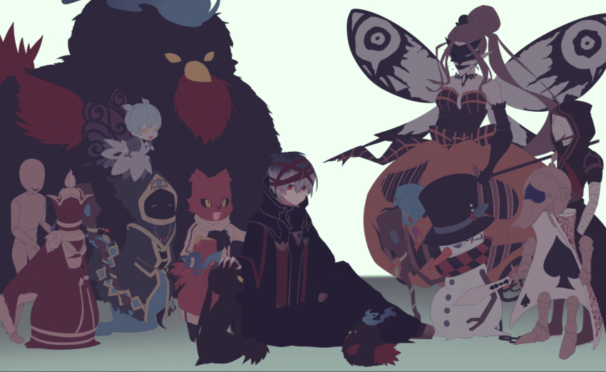 1boy, 1other, 4girls, 6+boys, animal, aqua_hair, bandages, bare_shoulders