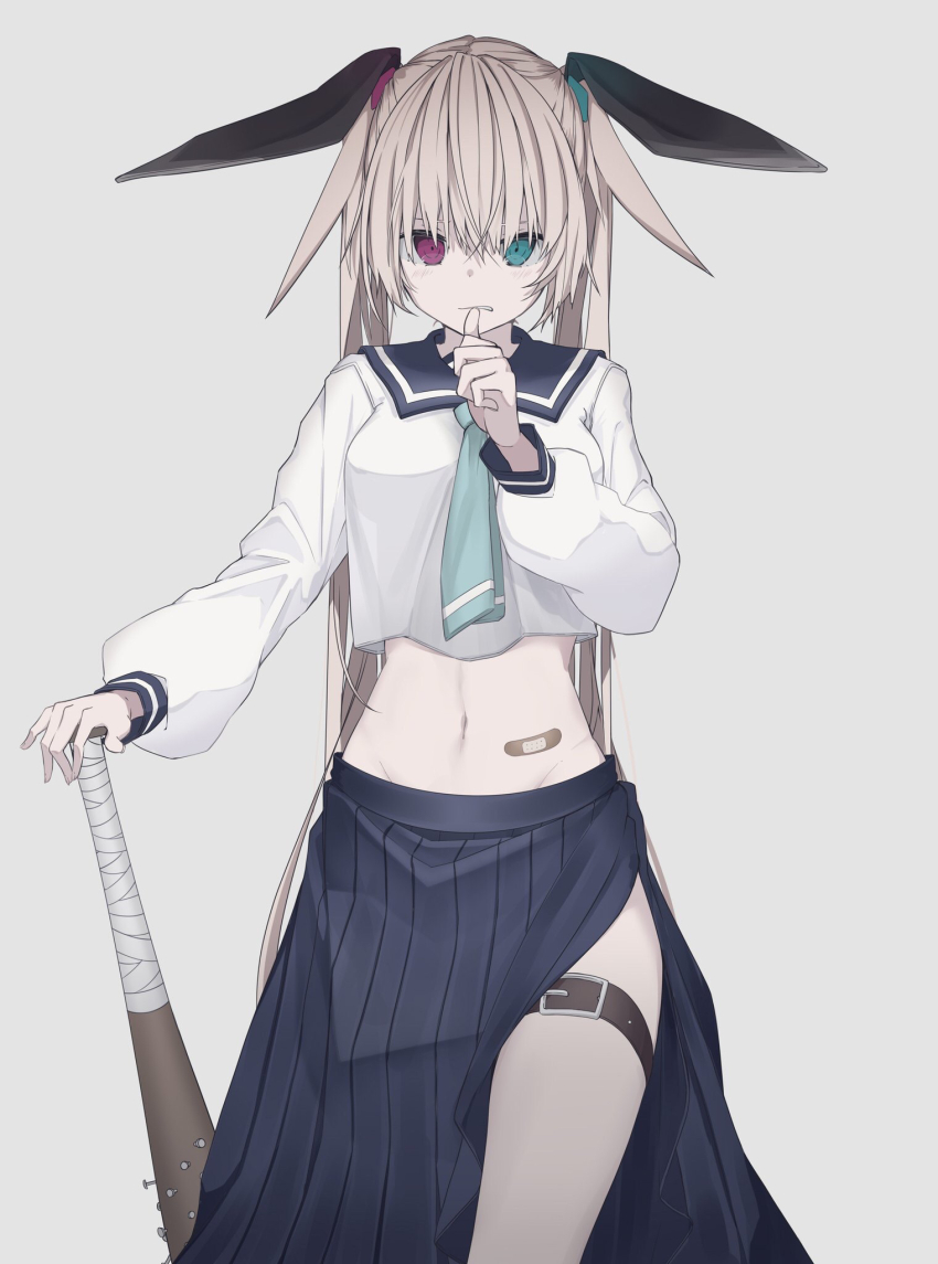 1girl, aqua_eyes, aqua_neckerchief, baseball_bat, belt, blonde_hair, blue_sailor_collar, blue_skirt, chaos_alice_(gakuen)_(grimms_notes), clenched_teeth, cowboy_shot, cropped_shirt, finger_to_mouth, grimms_notes, grimms_notes_gakuen, heterochromia, highres, holding, holding_baseball_bat, holding_weapon, iumi_urura, long_hair, long_sleeves, looking_at_viewer, midriff, nail_(hardware), nail_bat, navel, neckerchief, pink_eyes, pleated_skirt, puffy_long_sleeves, puffy_sleeves, sailor_collar, school_uniform, serafuku, simple_background, skirt, solo, teeth, thigh_belt, thigh_strap, thighs, twintails, very_long_hair, weapon, white_background, white_serafuku