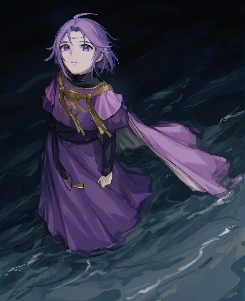 1boy, aged_down, ahoge, black_shirt, cape, circlet, clenched_hand, closed_mouth, curtained_hair, fire_emblem, fire_emblem:_the_sacred_stones, floating_hair, from_above, gold_circlet, grey_cape, hanaura_02, long_sleeves, looking_at_viewer, looking_up, lyon_(fire_emblem), lyon_(grado's_gaze)_(fire_emblem), male_focus, night, nintendo, ocean, outdoors, parted_bangs, parted_hair, partially_submerged, purple_cape, purple_eyes, purple_hair, purple_robe, robe, shirt, short_hair, solo, turtleneck, turtleneck_shirt, two-sided_cape, two-sided_fabric