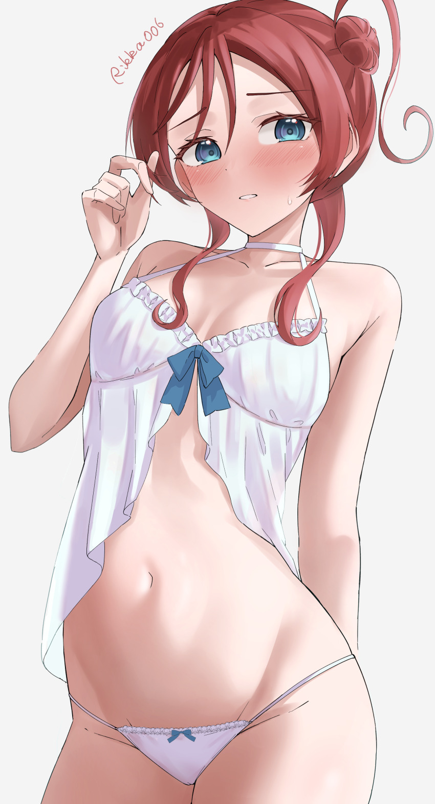 1girl, absurdres, artist_name, babydoll, bare_shoulders, blue_eyes, blue_ribbon, blush