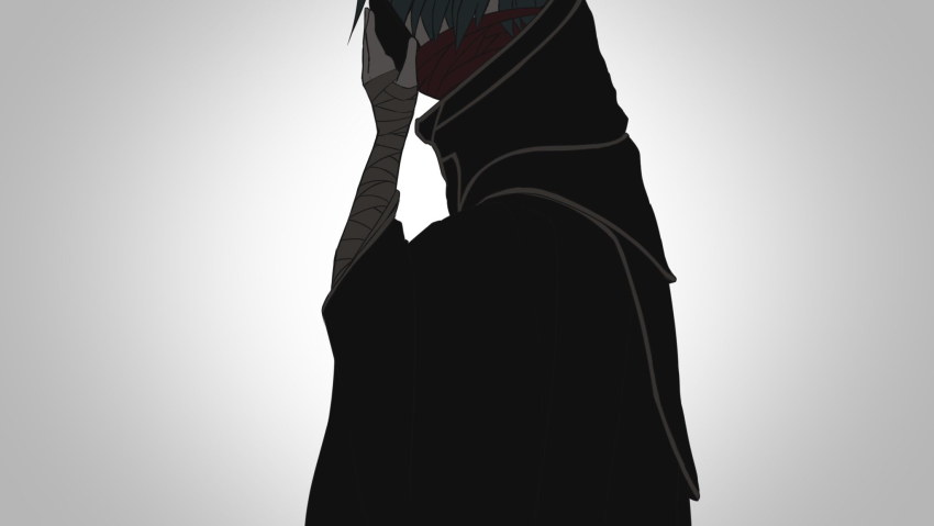 1boy, aqua_hair, bandaged_arm, bandages, black_robe, evil_grin, evil_smile, grimms_notes