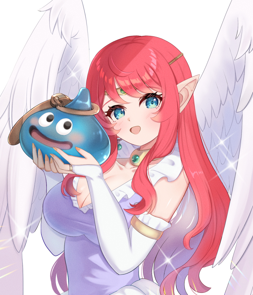 1boy, 1girl, angel_wings, blue_eyes, blush, breasts, bridal_gauntlets, choker