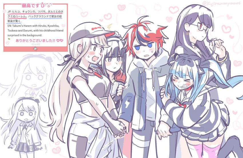 >_<, 5girls, ahoge, amemiya_darumi, black_hair, blonde_hair, blue_eyes, blue_hair