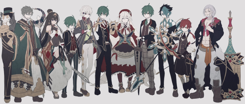 2girls, 6+boys, ahoge, alternate_height, arabian_clothes, ascot, belt, beret, black_bridal_gauntlets, black_coat, black_hair, black_jacket, black_pants, black_shoes, black_vest, book, boots, bow_(weapon), breasts, bridal_gauntlets, brown_ascot, brown_belt, brown_boots, brown_eyes, brown_hair, brown_leotard, brown_shoes, brown_vest, charles_perrault_(grimms_notes), cleavage, clock_necklace, closed_mouth, coat, collared_shirt, covered_navel, dorothea_viehmann_(grimms_notes), dress, flat_color, floating, floating_book, floating_object, glasses, green_coat, green_eyes, green_hair, green_pants, green_shirt, grey_eyes, grey_hair, grimms_notes, grin, hair_between_eyes, hair_over_one_eye, hand_on_own_hip, hans_andersen_(grimms_notes), harem_outfit, harem_pants, hat, highres, holding, holding_bow_(weapon), holding_cannon, holding_polearm, holding_shield, holding_staff, holding_sword, holding_weapon, iumi_urura, jacket, jacob_grimm, juliet_sleeves, leonardo_da_vinci_(grimms_notes), leotard, lewis_carroll_(grimms_notes), long_hair, long_sleeves, ludwig_grimm_(grimms_notes), mace, medium_breasts, medium_hair, multicolored_hair, multiple_boys, multiple_girls, muscular, muscular_male, old, old_man, one_eye_covered, pants, pink_eyes, polearm, ponytail, puffy_long_sleeves, puffy_pants, puffy_sleeves, red_dress, red_hat, red_vest, scarf, scheherazade_(grimms_notes), shield, shirt, shoes, short_hair, side_ponytail, simple_background, smile, spiked_hair, staff, standing, striped_clothes, striped_pants, sword, teeth, two-tone_hair, vertical-striped_clothes, vertical-striped_pants, vest, weapon, white_background, white_pants, white_shirt, wilhelm_grimm_(grimms_notes), william_shakespeare_(grimms_notes), yellow_eyes