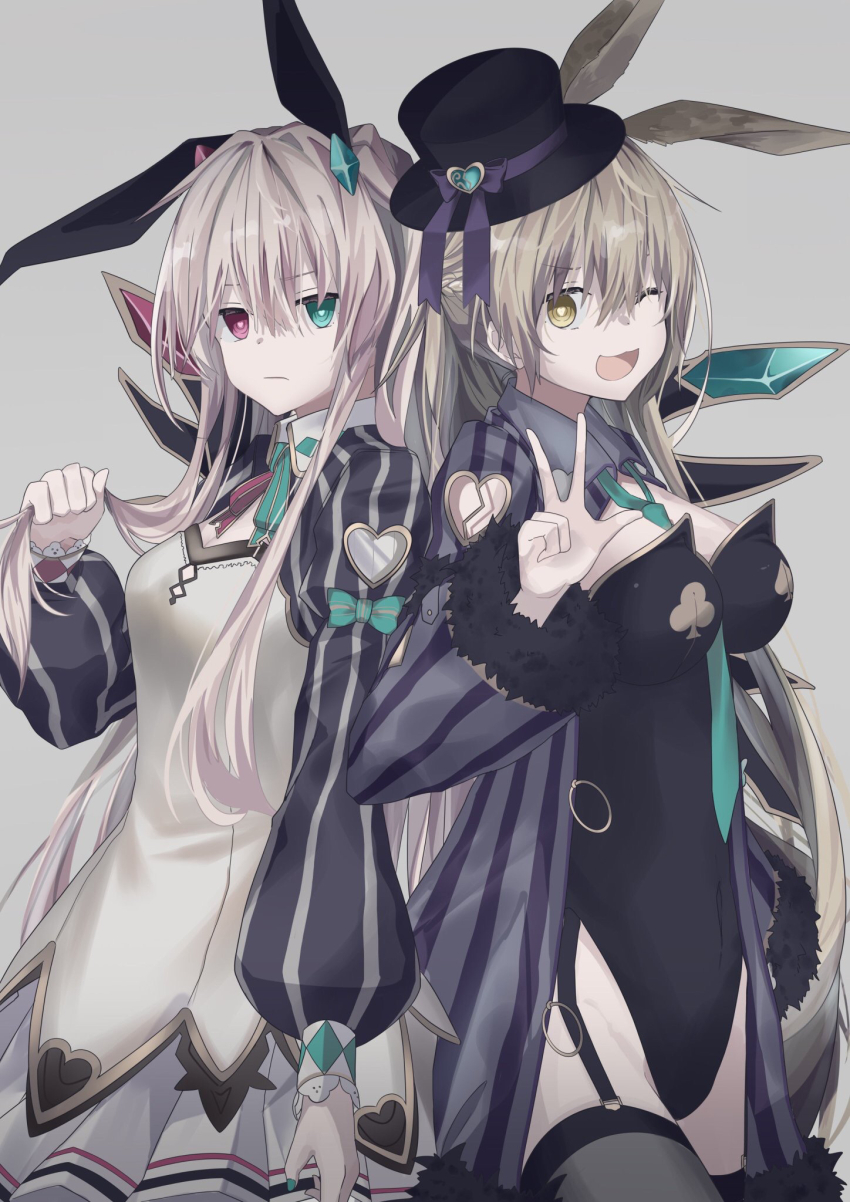 2girls, aqua_eyes, aqua_necktie, black_garter_straps, black_hat, black_leotard, blonde_hair, breasts