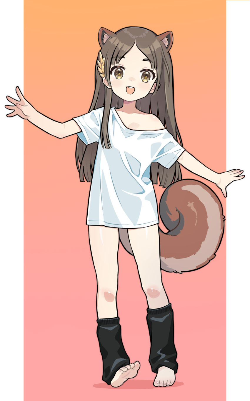 1girl, animal_ears, barefoot, brown_eyes, brown_hair, collarbone, commentary, full_body