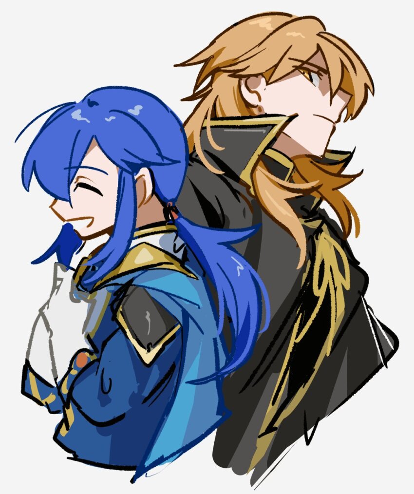 2boys, :d, ahoge, ares_(fire_emblem), armor, black_armor, black_cloak, blonde_hair