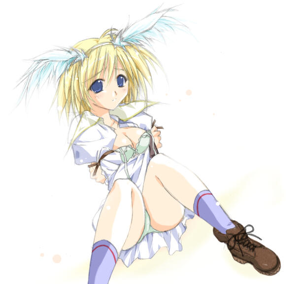 1girl, 2000s_(style), bad_id, blonde_hair, blue_eyes, blush, bra, breasts